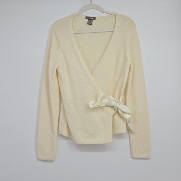 Kenar Ivory Cream Wrap Sweater with Bow Rabbit Hair Wool Blend Size Medium - Picture 2 of 8